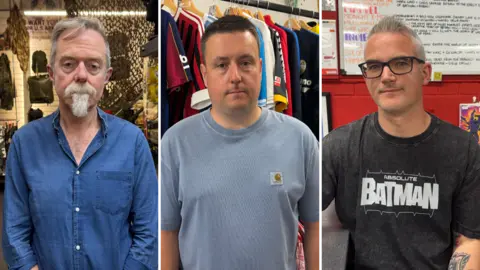 A composite image of three men, one has white hair and beard wearing blue shirt, man in middle has black hair and blue top and third is a man with grey hair and has glasses and a black batman top