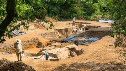 British Museum An excavation site that is surrounded by green trees. Researchers work within dug out sites during a summer day.