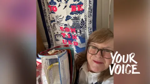 Holly Searle, with the lost tea towel art and a tea towel saying.. to be continued... 