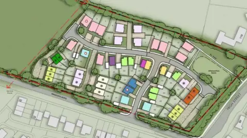 A bird's eye view map of the 45 new homes, in different colours, marked out and bordered to the south by Brington Road and to the east by High Street in Flore