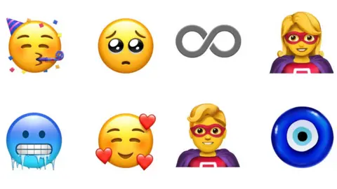 Apple A series of emojis including a new pleading face, superheroes, and a blue freezing face to depict being cold