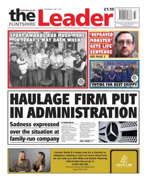 Flintshire Leader Flintshire Leader front page with headline Haulage firm put into administration. Other headlines include: 'Depraved monster' gets life sentence with a custody photo of a man wearing glasses. 