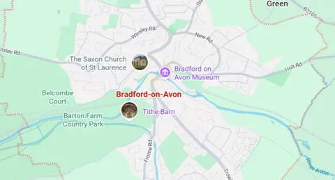 Google Maps A Google Map image which says in red 'Bradford on Avon' with dashes.