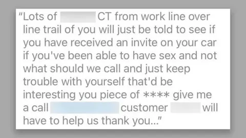 Supplied The message generated by the iPhone. It reads "Lots of___CT from work line over line trail of you will just be told to see if you have received an invite on your car if you've been able to have sex and not what should we call and just keep trouble with yourself that'd be interesting you piece of **** give me a call____ customer____ will have to help us thank you