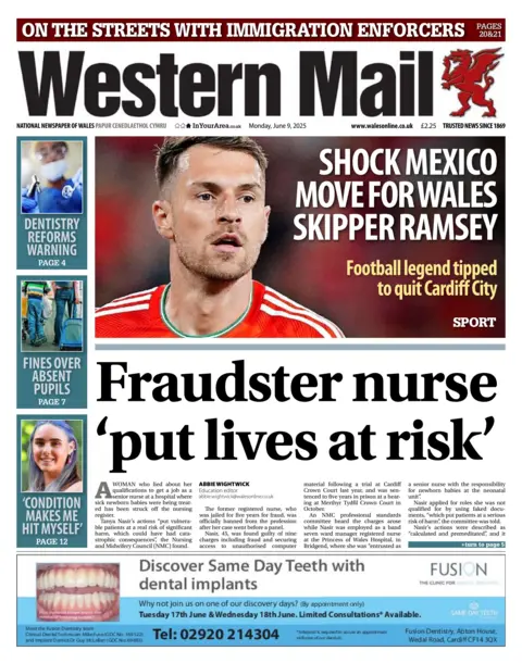 Western Mail Western Mail newspaper front page shows main headline: Fraudster nurse put lives at risk. Other headline next to a photo of Welsh footballer Aaron Ramsey: Shock Mexico move for Wales skipper Ramsey; Football legend tipped to quit Cardiff City.