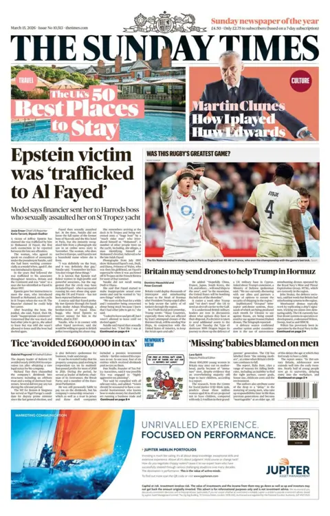 The headline on the front page of the Sunday Times reads: "Epstein victim was trafficked to Al Fayed."