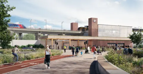 A modern Bletchley station entrance beneath elevated tracks, featuring a brick tower and glass concourse. A landscaped plaza with walking paths and a red cycle lane is busy with people, while a train passes overhead.