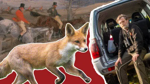 Picture of a fox and Dafydd Hughes sat in the back of his van 