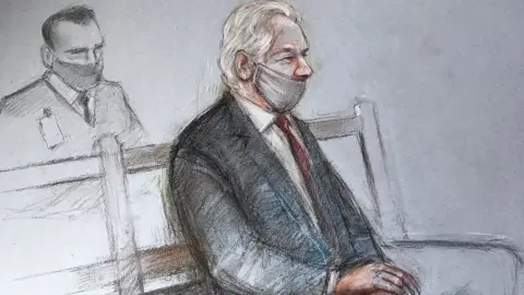 PA Media Court artist sketch by Elizabeth Cook of Julian Assange appearing at the Old Bailey in London for the ruling in his extradition case.
