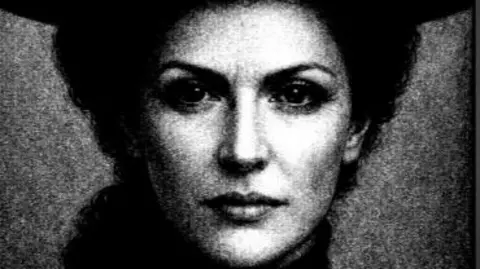 An AI-generated image of Leslie James, comprised from grainy photos, contemporary sketches, and eye-witness accounts of her appearance. In black and white, she is wearing a dark hat of the period atop curly hair tied back in a ponytail