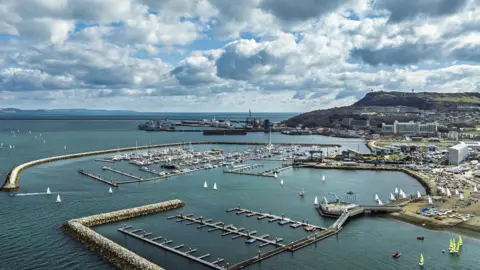 Sailboats on Portland Branch RNSA Moorings from a drone, Portland Harbour and Marina, Portland, Dorset, England, United Kingdom, Europe - stock photo