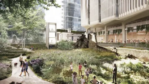 City of London Corporation A computer-generated image of central London regeneration project, London Wall West, with green spaces and new office blocks in the background. 