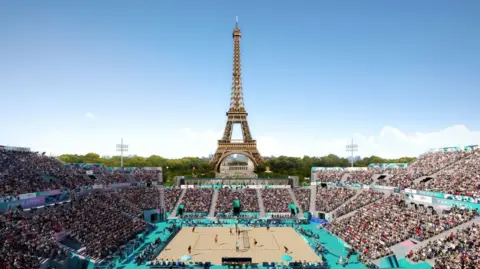 Paris 2024 CGI image of the beach volleyball at the Olympic Games 