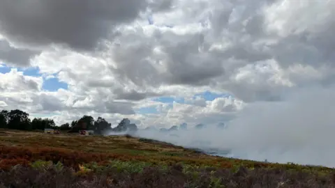Staffordshire County Council A wide view of smoke drifting across heathland, with fire engines visible in the distance beneath a cloudy sky.