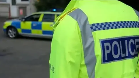 Police officer in hi-vis jacket taken from the back with a police car in the background