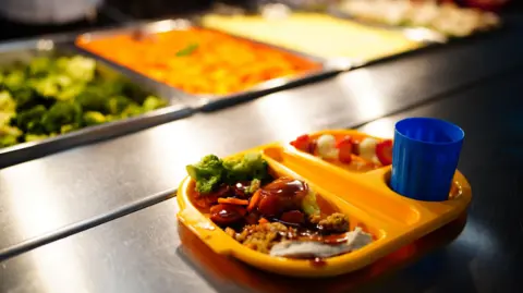 A school meal on an orange three-compartment tray containing a blue cup of water, a dessert on a skewer and a main meal which looks suspiciously too healthy. It appears to be a chicken roast dinner, with stuffing, carrots, broccoli and gravy. Large silver trays containing food, including broccoli, are laid out beneath heat lamps in the background.