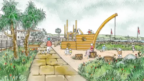 An illustration of garden number 4, which has a ship design play area for children and a paved path.
