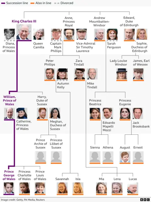 Graphic showing the line of succession from King Charles and his heirs, including their partners and children. The family tree also includes Charles' siblings Anne, Andrew and Edward, and their partners, children and grandchildren. Updated February 2026.