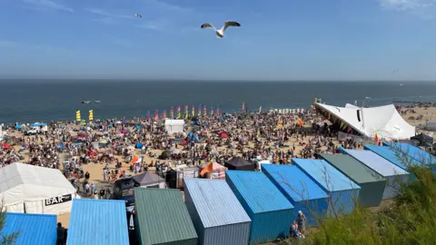 South Beach in Lowestoft. The picture has been taken overlooking the beach over the top of the blue beach huts which are in the foreground of the picture. On the beach there are colourful flags stretching high in the sky and there are crowds of people scattered across the beach. The picture has been taken on a sunny day and the sky is blue. A gull is mid-flight flying across the picture.