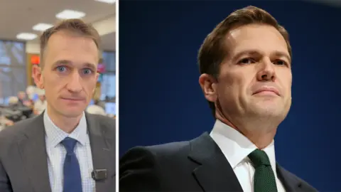 BBC Correspondent on the left of the screen. Robert Jenrick on the right.