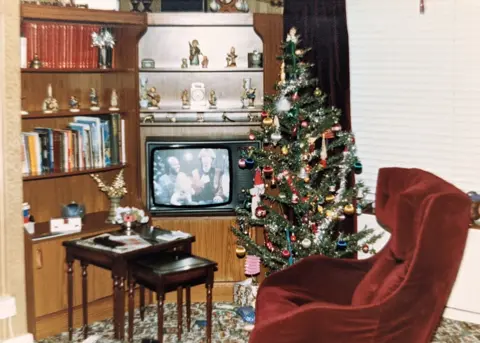 Felicity Hayward A photo of a living room with a TV, red chair, Christmas tree and bookcase