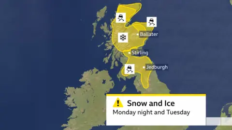 map of Scotland and northern England with a few yellow warnings for snow and ice covering. Ice warnings in northern and eastern Scotland and central and southern Scotland and northern England. Snow warning for northern Scotland.