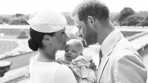 The Duke and Duchess of Sussex, Prince Harry and Meghan, with baby Archie