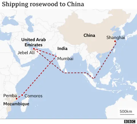Map showing the trading route of rosewood from Mozambique to Shanghai in china
