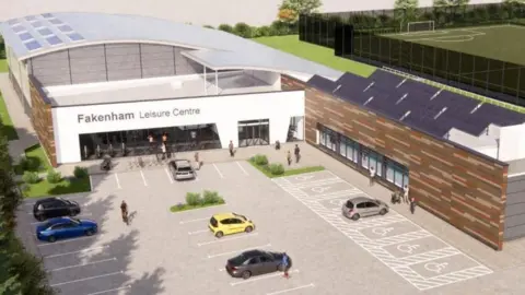 An artist's drawing of Fakenham Leisure Centre. It is a large, white-fronted building that says "Fakenham Leisure Centre" on it, with a car park at the front. There is a football pitch fenced off to the right.