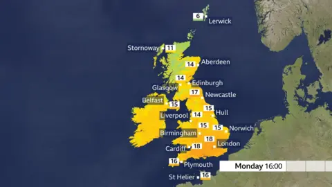 A weather map of the UK showing temperatures forecast for 16:00 on Monday. Temperatures range from 18C in the south to 6C in Lerwick in the Shetland Islands.