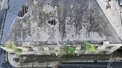 Nigel Allison A close-up drone shot of the roof of the masonic hall with several holes through the tiles. Plants and trees are growing through the windows and cracks in the structure.