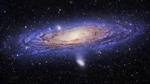 Science Photo Library A spiral galaxy with blue/purple dust in its outer arms and reddish dust in its interior