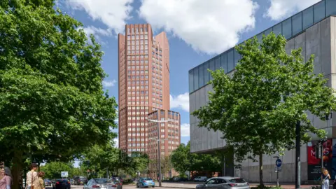 Allford Hall Monaghan Morris A large brown tower block is captured in a computer generated image. Trees are also shown, as well as a corner of Cabot Circus shopping centre.