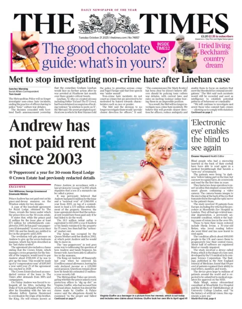 'Andrew has not paid rent since 2003' reads the headline on the front page of The Times.