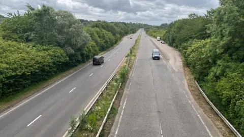 A dual carriageway road, going in both directions, with two vehicles on it. There are trees and bushes either side of the road. A central reservation has greenery growing on it. 