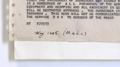 Bernard Morgan Part of a message received by Mr Morgan ahead of the end of the war. Typed, apart from the date (May 1945), which is hand-written. Although no full sentences are clear, the message refers to keeping the contents secure, including from members of the press