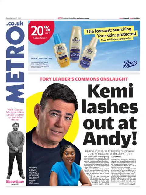 "Kemi lashes out at Andy!" reads the headline on the front page of the Metro.