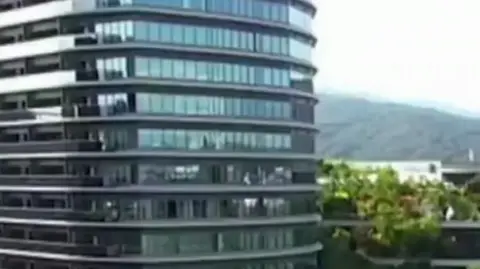 Glass windows of a skyscraper with trees visible behind.