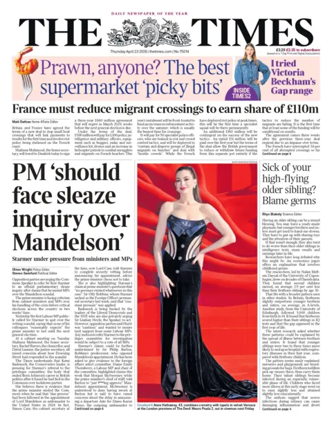 "PM 'should face sleaze inquiry over Mandelson'," reads the headline on the front page of the Times.