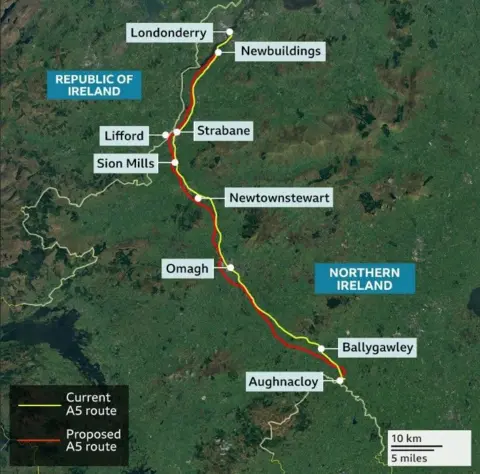 A5 graphic showing current route and proposed new route. The map shows the stretch of road from Londonderry to Aughnacloy.