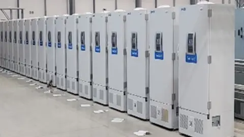 Public Heath England/PA Wire Freezers, at a secure location in the UK, which can each hold more than more than 80,000 doses of the Pfizer/BioNTech coronavirus vaccine