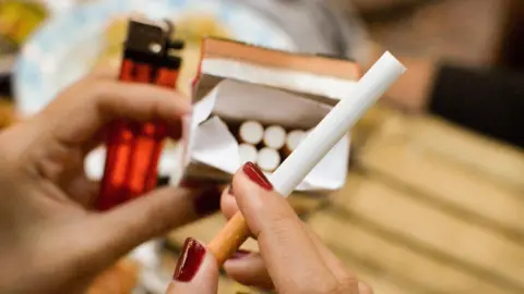 Getty Images Library image showing a close-up of a woman's hands. She is holding a single cigarette in her right hand and a packet and lighter in her left hand.