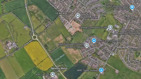 A Google Maps screenshot showing the area where 480 homes would be built by Persimmon Homes in Newby West.