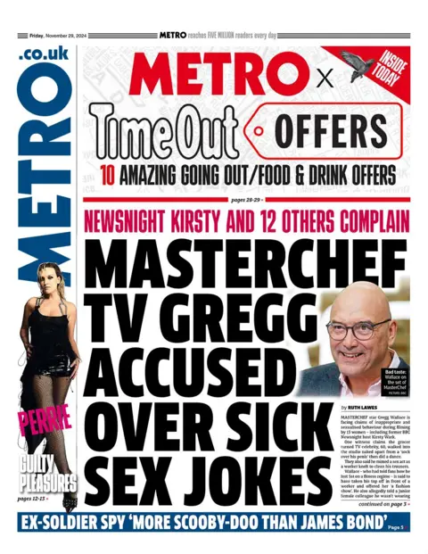 The headline in the Metro reads: "Masterchef TV Gregg accused over sick sex jokes"