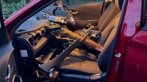 Other A red car with a part of a tree through the car and reaching the back of the car seat. the dashboard is damaged and has come away from the car. 