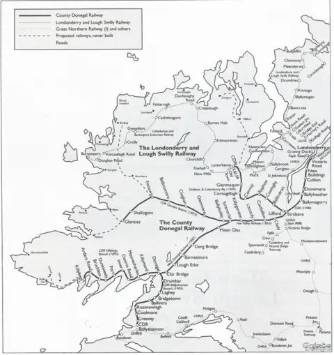 Donegal Railway Heritage Museum A map showing the County Donegal Railway and the Londonderry and Lough Swilly Railway in the early part of the 20th Century