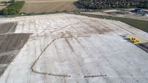 Cambridge Archaeological Unit An aerial shot of an excavation between Cherry Hinton and Teversham, showing excavated structures