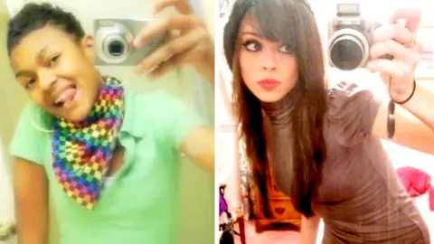 On the left, Monticah wears a lime green shirt and a colored-checkered scarf while taking a mirror selfie with a camera. On the right, Melissa also takes a mirror selfie with a camera, wearing a brown top and a black beret.
