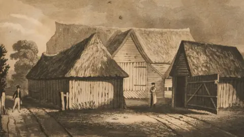 Reeman Dansie A historical-looking illustration of Red Barn, in Polstead. There is a male-looking figure standing outside the barn and in the middle of two smaller barns.