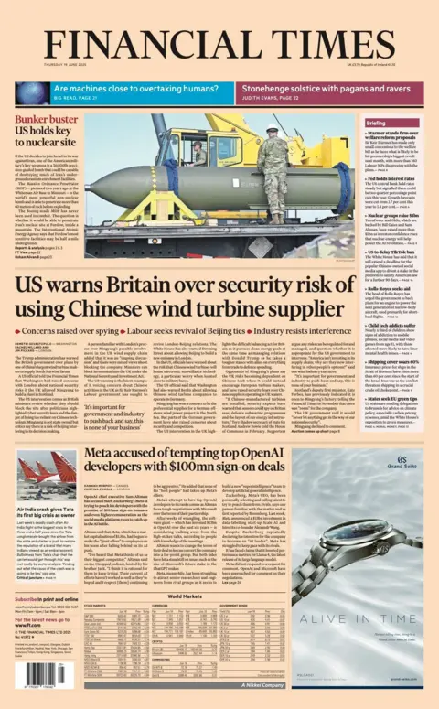 The headline on the front page of the Financial Times reads: "US warns Britain over security risk of using Chinese wind turbine supplier".